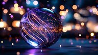 Magical glass sphere with swirling cosmic patterns reflecting colorful bokeh lights against dark background creates dreamy atmospheric composition.