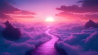 Ethereal purple clouds form winding river path above mountain peaks at sunset, dramatic pink and violet sky with glowing sun creating dreamlike atmospheric landscape.