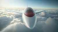 Futuristic aircraft with sleek aerodynamic design flying above fluffy white clouds during sunrise, showcasing advanced aviation technology and high-altitude travel.
