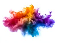 Vibrant multicolored powder explosion on white background, dynamic smoke cloud in rainbow spectrum from red through orange, yellow, blue to purple, isolated for creative design.