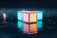 Glowing neon cubes on reflective wet surface with orange and turquoise colors creating moody atmospheric lighting effect against dark background.