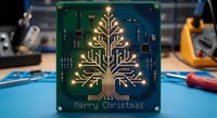 Electronic circuit board Christmas tree with glowing LED lights and Merry Christmas text on green PCB for tech holiday greeting cards and festive designs.