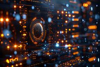 Futuristic digital interface with glowing orange and blue circular HUD elements against dark background, perfect for technology and cybersecurity concepts in presentations.