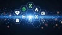 Digital healthcare technology network with medical icons and glowing hexagonal interface on blue background for telemedicine and health innovation concepts.
