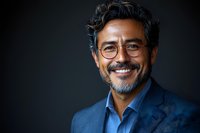 Confident mature Hispanic businessman with gray beard wearing blue blazer and glasses, smiling warmly against dark background in professional headshot portrait.