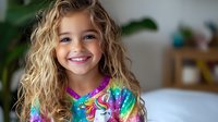 Young girl with blonde curly hair wearing colorful tie-dye unicorn shirt smiles brightly at camera, natural indoor setting with soft bokeh background and houseplants.