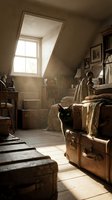 Black cat sitting in vintage attic room filled with antique trunks, old furniture, and warm sunlight streaming through skylight window. Nostalgic interior design.