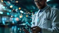 Male doctor in white coat using smartphone with glowing digital particles and bokeh lights emerging from screen, representing healthcare technology advancement.
