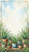 Watercolor succulents and aloe vera plants in terracotta pots with gold frame border and copy space for text on soft sky background.