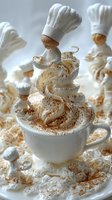Whimsical coffee art featuring miniature chefs atop swirling cream peaks in white cup, dusted with cinnamon powder, creating magical culinary scene.