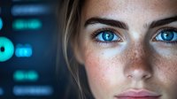 Young woman with bright blue eyes and natural freckles looking at computer screen in dark room, face illuminated by blue digital display light.