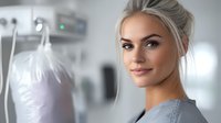 Young female medical professional with blonde hair in gray scrubs smiling confidently in modern healthcare facility, displaying warmth and expertise in clinical setting.