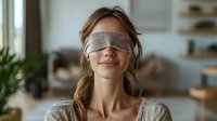 Young Caucasian woman wearing gray sleep mask with serene expression in bright modern bedroom interior for relaxation and wellness concepts.