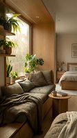 Cozy bedroom nook with wooden paneling, upholstered seating, potted plants on windowsill, natural light, and neutral bedding for interior design and home decor projects.