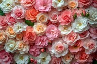 Fresh roses in shades of coral, pink, peach and white create romantic floral background pattern. Natural light enhances delicate petals and textures.