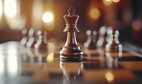 Wooden chess king piece on board with blurred pieces in background, dramatic lighting creates reflection on glossy surface. Strategic game concept.