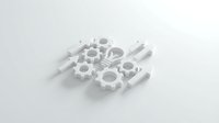 Isometric white gears and mechanical parts arranged on neutral background, isolated for industrial design, engineering graphics, technology presentations, and manufacturing concepts.