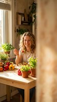 Happy young Caucasian woman eating fresh vegetables and microgreens in sunny kitchen with herbs and organic produce for healthy lifestyle cooking.