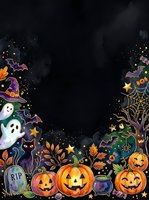 Halloween celebration frame with jack-o-lanterns, ghosts, witch hats, bats, spiders, and autumn leaves on black background. Isolated design element for seasonal greeting cards and party invitations.