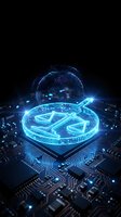 Futuristic holographic refresh symbol floating above circuit board with glowing blue neon lights and digital particles on dark background for tech design.