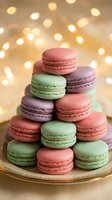 Colorful French macarons pyramid stacked on plate with warm bokeh lights background for dessert menu, bakery display, sweet treats celebration.