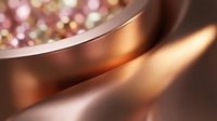 Luxury cosmetic product with shimmering rose gold particles in metallic container, suitable for beauty, skincare, and makeup advertising campaigns.