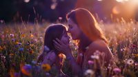 Mother and daughter sharing tender moment in wildflower meadow at golden hour sunset. Warm sunlight creates magical atmosphere for family bonding outdoors.
