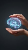 Protective hands surrounding glowing digital brain with neural networks on dark background representing mental health care and cognitive protection.