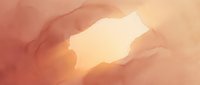 Abstract watercolor landscape with warm coral and peach tones creating flowing mountain silhouettes against soft gradient sky for modern interior design.