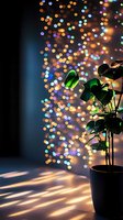 Colorful bokeh lights create magical atmosphere with houseplant silhouette in cozy interior space for holiday decorating and ambient lighting concepts.