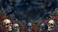 Skulls and roses border on dark moody watercolor background, gothic ornamental design with gold flourishes, suitable for Halloween, dark fantasy, and alternative aesthetic projects.