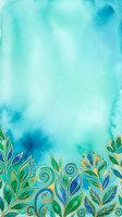 Turquoise watercolor wash with decorative gold-outlined botanical elements at bottom border, featuring green and blue leaves and spiral flourishes. Suitable for backgrounds, invitations, and design projects.
