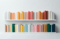 Colorful books arranged by color spectrum on white floating shelves against white wall creating minimal modern home library display. Interior design concept.