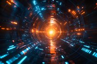 Futuristic digital tunnel with glowing orange and blue technological elements creating circular perspective depth pattern for sci-fi background designs.