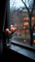 Pink tulips in glass vase on windowsill during rainy evening, with bokeh lights and water drops on window creating cozy atmospheric mood.