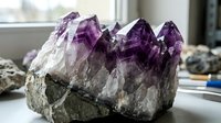 Purple amethyst crystal cluster specimen with natural geometric formations on dark matrix rock base displaying vibrant violet quartz points for collectors.