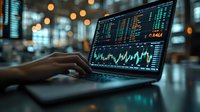 Financial market data analysis on laptop screen with stock charts and trading indicators in dark office environment with bokeh lights. Professional trader workspace.