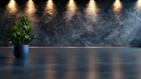 Green plant in blue pot against dark wall with dramatic spotlight illumination and smoke effect creating moody atmospheric interior scene with copy space.
