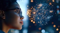 Young African American woman in glasses gazing at glowing network visualization with connected dots and lines against dark background with bokeh lights.