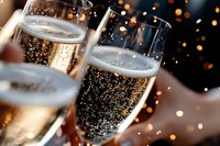 Glasses of sparkling champagne with bubbles and bokeh lights in background, celebration and festive party drink for holidays, weddings, new year events and special occasions.