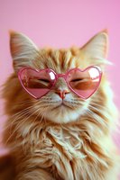 Adorable orange tabby cat wearing pink heart-shaped sunglasses on pastel pink background for Valentine's Day, love and romance themed pet content.