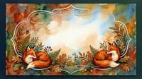 Watercolor autumn frame with sleeping foxes, pine branches and berries on warm background for seasonal greeting cards and nature designs.