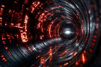Futuristic red digital tunnel with glowing binary code pattern and light at end creates dramatic cyberpunk atmosphere for technology backgrounds.