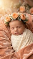Sleeping newborn baby girl wearing peach rose flower crown with lace wrap in soft coral blanket for portrait photography session.