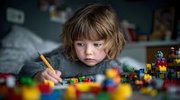 Young blonde child concentrating while drawing with pencil surrounded by colorful building blocks in playroom setting for educational content.