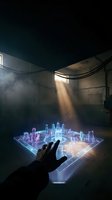 Futuristic holographic city projection with hand interaction in dark industrial space with dramatic lighting for technology and urban planning concepts.