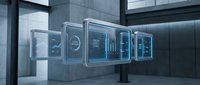 Futuristic holographic display panels with glowing blue interface elements floating in modern industrial space, representing advanced technology and data visualization.