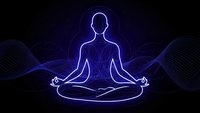 Glowing blue neon outline of person in lotus meditation pose with flowing energy waves on dark background for wellness and spiritual design projects.