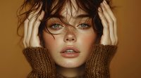 Young woman with freckles and blue eyes wearing brown knit sweater poses with hands in hair against warm golden background, showcasing natural beauty and autumn mood.