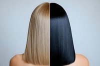 Comparison of blonde and black straight hair on female model showing contrast of hair colors in split composition against gray background for beauty and salon advertising.